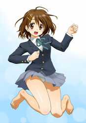  air_guitar barefoot brown_eyes brown_hair commentary_request feet female hirasawa_yui jumping k-on! open_mouth panties pantyshot peter_(gvb) round_teeth sakuragaoka_high_school_uniform school_uniform short_hair solo teeth toes underwear upskirt winter_uniform 