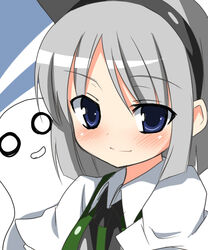  black_hairband blue_eyes blush closed_mouth commentary_request female grey_hair hairband hitodama konpaku_youmu konpaku_youmu_(ghost) morino_harifu portrait short_hair smile solo touhou 