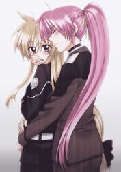  2girls blonde_hair blush fate_testarossa hachi_(hachikai) hug long_hair low-tied_long_hair lyrical_nanoha mahou_shoujo_lyrical_nanoha_strikers military military_uniform multiple_girls pink_hair ponytail signum tsab_executive_military_uniform tsab_ground_military_uniform uniform very_long_hair yuri 