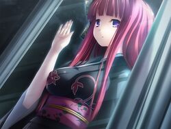  blunt_bangs devils_devel_concept dutch_angle female game_cg japanese_clothes kimono long_hair nanagi_akari purple_eyes red_hair refeia solo 