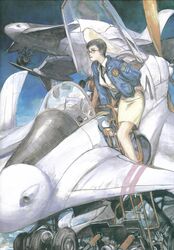  aircraft airplane cover_image female glasses highres kusanagi_suito sanka_(sky_crawlers) short_hair skirt solo the_sky_crawlers traditional_media tsuruta_kenji vehicle_focus 