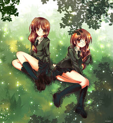  2girls =3= bad_id bad_pixiv_id braid brown_eyes brown_hair chigusa_koi chigusa_ui day futakoi glasses grass kneehighs loafers lying miniskirt multiple_girls necktie outdoors photoshop_(medium) pleated_skirt school_uniform shoes siblings sisters sitting skirt socks sweater twins 