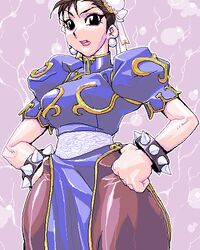  black_eyes bracelet brown_hair bun_cover china_dress chinese_clothes chun-li commentary_request dress female hair_bun jewelry looking_at_viewer lowres matagitii oekaki pantyhose parted_lips pelvic_curtain sash solo spiked_bracelet spikes street_fighter 