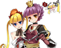  ! 2girls 7th_dragon 7th_dragon_(series) alusha_(7th_dragon) berich_(7th_dragon) blonde_hair blue_eyes breasts cleavage commentary_request crown der_junge dress jewelry knight_(7th_dragon) multiple_girls orange_eyes pendant princess_(7th_dragon) purple_hair small_breasts sora_(7th_dragon) twintails whip 