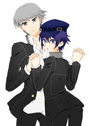  1boy androgynous bad_id bad_pixiv_id blue_eyes blue_hair cabbie_hat couple female grey_eyes grey_hair hat holding_hands interlocked_fingers mot narukami_yuu persona persona_4 reverse_trap school_uniform shirogane_naoto short_hair smile straight yasogami_school_uniform 