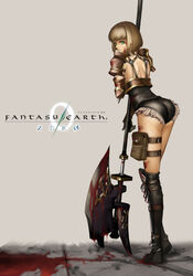  0726 ass axe bad_id bad_pixiv_id blonde_hair blood boots fantasy_earth fantasy_earth_zero female green_eyes highres polearm solo thigh_strap warrior_(fantasy_earth) weapon 