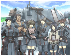  2boys 3u 4girls alicia_melchiott bad_id bad_pixiv_id brigitte_stark edelweiss_(senjou_no_valkyria) eleanor_varrot fringe_trim hans_(senjou_no_valkyria) isara_gunther largo_potter military military_uniform military_vehicle motor_vehicle multiple_boys multiple_girls pig poncho senjou_no_valkyria_(series) senjou_no_valkyria_1 tank thighhighs uniform welkin_gunther 