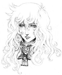  1970s_(style) female greyscale katzeh long_hair monochrome oscar_francois_de_jarjayes photoshop_(medium) retro_artstyle solo versailles_no_bara 