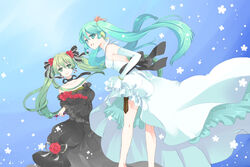  2girls aqua_eyes aqua_hair bad_id bad_pixiv_id cantarella_(vocaloid) cendrillon_(vocaloid) dress dual_persona elbow_gloves flower from_behind gloves hatsune_miku long_hair looking_back multiple_girls ribbon songover suzushiro twintails very_long_hair vocaloid 