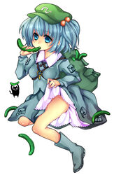  backpack bag blue_eyes blue_hair clothes_lift commentary_request cucumber eating feline female hair_bobbles hair_ornament hat highres kawashiro_nitori key mata no_panties short_hair skirt skirt_lift solo touhou twintails two_side_up 