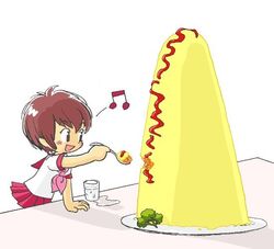  beamed_eighth_notes commentary_request cup female food food_focus happy holding holding_spoon kabiinyo_(kab) musical_note omelet omurice original oversized_food oversized_object school_uniform short_hair solo spoken_musical_note spoon table vegetable water 