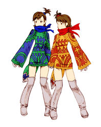  2girls boots brown_hair commentary_request fake_tail final_fantasy final_fantasy_tactics futami_ami futami_mami idolmaster idolmaster_(classic) idolmaster_1 mime_(fft) multiple_girls parody scarf short_hair siblings side_ponytail sisters style_parody tail thigh_boots thighhighs twins yoshida_akihiko_(style) zearthp 