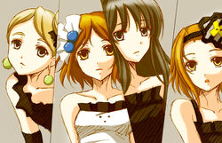  4girls akiyama_mio black_hair blonde_hair brown_hair commentary_request don&#039;t_say_&quot;lazy&quot; hairband hirasawa_yui k-on! kotobuki_tsumugi long_hair multiple_girls photoshop_(medium) short_hair tainaka_ritsu wakame 