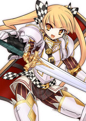  7th_dragon 7th_dragon_(series) armor berich_(7th_dragon) blonde_hair commentary_request female gauntlets greaves hair_ribbon knight_(7th_dragon) messy_(efuya) ribbon shield solo sword twintails weapon 