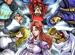  5boys armor blonde_hair blue_hair cape closed_eyes commentary_request expressionless facial_mark female forehead_mark green_hair grin hokuto_no_ken lipstick long_hair looking_at_viewer makeup multiple_boys patsuki red_hair rei_(hokuto_no_ken) scar shin_(hokuto_no_ken) short_hair shu_(hokuto_no_ken) smile souther tan upper_body upside-down very_long_hair yuda_(hokuto_no_ken) yuria_(hokuto_no_ken) 