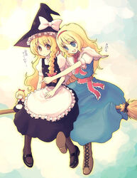  2girls alice_margatroid alternate_hairstyle blonde_hair blue_eyes broom broom_riding doll hat kimarin kirisame_marisa long_hair multiple_girls multiple_riders pantyhose shanghai_doll sidesaddle touhou witch_hat yellow_eyes 