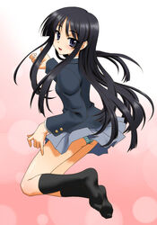  air_guitar akiyama_mio black_hair black_socks blunt_bangs commentary_request feet female hands hime_cut k-on! kneehighs left-handed long_hair panties pantyshot peter_(gvb) sakuragaoka_high_school_uniform school_uniform socks solo striped_clothes striped_panties underwear winter_uniform 