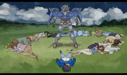  00_gundam 3girls 6+boys allelujah_haptism anew_returner annotated bad_id bad_pixiv_id black_hair brown_hair cardigan cloud coat day glasses grass green_hair grey_hair gundam gundam_00 hallelujah_haptism haro idou_(usonaki) innovators_(gundam_00) letterboxed lockon_stratos long_hair lying lyle_dylandy marina_ismail mecha mousou_dairinin multiple_boys multiple_girls neil_dylandy outdoors parody purple_hair ribbons_almark robot sergei_smirnov setsuna_f._seiei short_hair sky soma_peries sumeragi_lee_noriega sweater tieria_erde unconscious uniform 