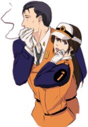  1boy brown_hair commentary_request female gloves gotou_kiichi kidou_keisatsu_patlabor ktsis nagumo_shinobu police police_uniform policeman policewoman ponytail smoking uniform vest white_gloves 