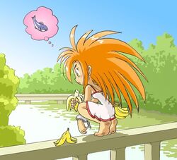  banana barefoot bridge commentary_request dirty dirty_feet female food fruit holding holding_food holding_fruit kabiinyo_(kab) long_hair orange_hair original river solo spoken_animal spoken_food wrist_cuffs 