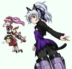  1boy 2girls animal_ears ass bad_id bad_pixiv_id cat_ears cat_girl cat_tail darker_than_black fukuen_misato kayanuma_kiko kurasawa_gai mineuchi-k multiple_girls pantyhose parody purple_skirt skirt striker_unit tail voice_actor_connection world_witches_series yin_(darker_than_black) 