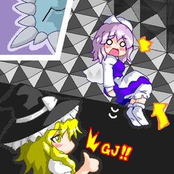  2girls blonde_hair blush commentary_request hat kirisame_marisa letty_whiterock light_purple_hair lowres mario_(series) multiple_girls myonde o_o oekaki parody purple_hair super_marisa_world thumbs_up thwomp touhou witch_hat yellow_eyes 