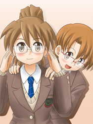  2girls adjusting_eyewear bespectacled blazer blue_necktie blush breast_pocket brown_hair brown_sweater buttoned_cuffs buttons closed_mouth collared_shirt commentary_request cosplay drop_shadow fujimoto_atsuko glasses grey-framed_eyewear high_ponytail jacket lapels lielos long_sleeves looking_at_another looking_at_viewer multiple_girls necktie notched_lapels open_mouth original over-rim_eyewear pink_background pocket poniko_(lielos) ponytail rectangular_eyewear red-framed_eyewear school_emblem school_uniform semi-rimless_eyewear shirt short_hair simple_background smile striped_necktie sweater tareme under-rim_eyewear white_shirt 