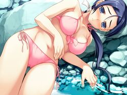  amakura bikini blue_eyes blue_hair blush breasts cleavage female game_cg imageboard_desourced large_breasts long_hair lying mizuhara_honami non-web_source pink_bikini rock side-tie_bikini_bottom solo swimsuit toppara 