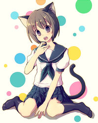  animal_ears brown_eyes brown_hair cat_ears commentary_request feet female hands kimarin kneehighs open_mouth original school_uniform serafuku short_hair sitting socks solo tail 