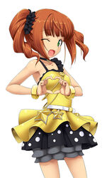  4-fingers_heart_hands bare_shoulders brown_hair commentary_request female green_eyes heart heart_hands idolmaster idolmaster_(classic) idolmaster_live_for_you! live_for_venus_(idolmaster) one_eye_closed open_mouth short_hair skirt solo takatsuki_yayoi takayaki twintails 