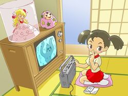  commentary crt daruma_doll dial_television doll female finger_to_mouth ghost kabiinyo_(kab) lolicon looking_at_viewer original pleated_skirt shushing sitting skirt solo tape_recorder tatami television twintails white_legwear 