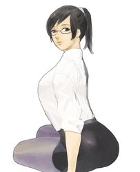  bad_id bad_pixiv_id black_hair brown_eyes female glasses highres holon pantyhose pencil_skirt ponytail real_drive skirt sleeves_rolled_up solo yamada_humie 