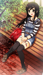  bad_id bad_pixiv_id bag bench black_hair blue_overalls brown_eyes cellphone female futaba_(artist) handbag original overalls phone photoshop_(medium) shoes solo striped thighhighs tree 