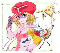  1boy blonde_hair blue_eyes bodysuit female gloves green_eyes hat ichigoo jewelry kaminari_ai kendama mask necklace omotchama photoshop_(medium) pink_bodysuit short_hair takada_gan time_bokan_(series) yatterman 