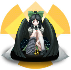  arugeri black_hair black_wings bow cape commentary_request egg female green_bow hairbow hugging_own_legs large_bow long_hair looking_down no_nose radiation_symbol red_eyes reiuji_utsuho sitting solo touhou wings 