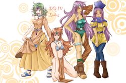  4girls alena_(dq4) alena_(dq4)_(cosplay) asymmetrical_clothes bikini blue_eyes blue_leggings blue_leotard blush boots circlet commentary_request cosplay costume_switch detached_sleeves dragon_quest dragon_quest_iv dress embarrassed green_hair hat hatori_naruyoshi heroine_(dq4) heroine_(dq4)_(cosplay) jewelry kneeling leggings leotard loincloth long_hair manya_(dq4) manya_(dq4)_(cosplay) minea_(dq4) minea_(dq4)_(cosplay) multiple_girls necklace orange_dress pantyhose pelvic_curtain purple_eyes purple_hair red_eyes red_hair sandals short_hair single_thighhigh skirt skirt_tug smile swimsuit thighhighs yellow_skirt 