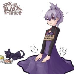  369 angry bad_id bad_pixiv_id black_cat darker_than_black dress english_text engrish_text feline female mao_(darker_than_black) paresthesia pet_food pet_shaming purple_dress purple_eyes purple_hair ranguage seiza sign sign_around_neck sitting solo sweat translated yin_(darker_than_black) 