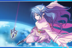  akaga_hirotaka blue_eyes blue_hair commentary_request female floating_hair flying gradient_hair hairband japanese_clothes kimono kneehighs long_hair looking_back multicolored_hair outstretched_arms photoshop_(medium) planet shishidou_takane short_kimono socks solo sora_wo_kakeru_shoujo space spread_arms 