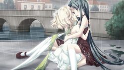  2girls angelina_rocca belle_(katahane) fue_(tsuzuku) green_scarf hug katahane multiple_girls rain scarf yuri 