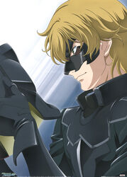  1boy blonde_hair chiba_michinori from_side graham_aker gundam gundam_00 helmet highres male_focus mask mister_bushido profile solo unworn_headwear unworn_helmet upper_body 