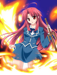  bad_id bad_pixiv_id female fire hyokkori_tamago kannagi_ayano kaze_no_stigma long_hair red_hair school_uniform seiryou_academy_school_uniform solo sword weapon 