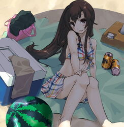  bag barefoot beach beach_umbrella bikini bikini_skirt brown_eyes brown_hair can cooler female food fruit long_hair original plaid shade sitting skirt smile solo staring swimsuit tamaki_fuyu towel umbrella v watermelon 