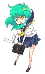  alternate_costume bag commentary_request female frog frog_hair_ornament gohei green_hair hair_ornament holding holding_bag kochiya_sanae long_hair looking_at_viewer oekaki open_mouth roku_(warrock) school_bag school_uniform serafuku snake_hair_ornament solo touhou yellow_eyes 