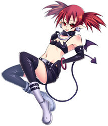  belt black_thighhighs boots bracelet choker commentary_request demon_girl der_junge disgaea elbow_gloves etna_(disgaea) female flat_chest gloves jewelry midriff miniskirt navel panties pantyshot pencil_skirt red_eyes red_hair short_hair skirt smile solo tail thighhighs twintails underwear white_panties wings 