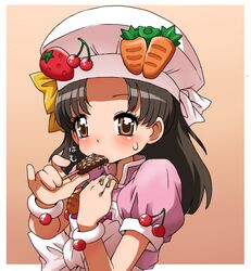  bad_id bad_pixiv_id brown_eyes brown_hair carrot chocolate_banana cooking_idol_ai!_mai!_main! female food food-themed_clothes fruit hiiragi_mine hun_(uyonis) sexually_suggestive solo vegetable 