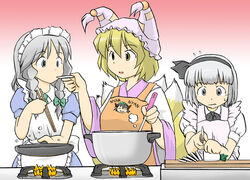  3girls animal_hat apron blonde_hair bow braid chopsticks commentary_request cooking cooking_pot e_saiba frying_pan grey_hair hairband hairbow hat holding holding_chopsticks holding_knife izayoi_sakuya kitchen_knife knife konpaku_youmu long_sleeves maid_headdress mob_cap multiple_girls multiple_tails photoshop_(medium) puffy_short_sleeves puffy_sleeves radish short_hair short_sleeves stove sweatdrop tail tassel tasting touhou twin_braids upper_body wide_sleeves yakumo_ran 