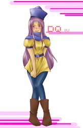  alena_(dq4) alena_(dq4)_(cosplay) blush boots commentary_request copyright_name cosplay dragon_quest dragon_quest_iv embarrassed female hat hatori_naruyoshi long_hair pantyhose purple_eyes purple_hair skirt skirt_tug solo yellow_skirt 