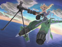  ahoge aircraft airplane animal_ears belt blonde_hair blush cat_ears cat_girl cat_tail cloud commentary_request cool_&amp;_sexy_(idolmaster) drum_magazine female flying gun hakkaku_shikimi hoshii_miki idolmaster idolmaster_(classic) idolmaster_1 light_machine_gun long_hair machine_gun magazine_(weapon) ocean outdoors parody rpd sky solo striker_unit su-33 tail weapon world_witches_series 