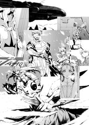  4boys 6+girls bartholomew_fatima captain_of_the_thames commentary_request dominia_yizkor eyepatch frying_pan gloves greyscale hat kahran_ramsus kelvena_(xenogears) koma_kiri_aoko long_hair marguerite_fatima midori_uzuki monochrome multiple_boys multiple_girls pointy_ears primera_black queen_zephyr sigurd_harcourt tolone_(xenogears) weapon xenogears yui_uzuki 