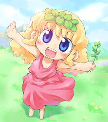  barefoot blonde_hair blue_eyes blush chibi commentary_request female happy lolicon long_hair ochamegami_monogatari_korokoro_pollon pollon sakurabe_notos solo 